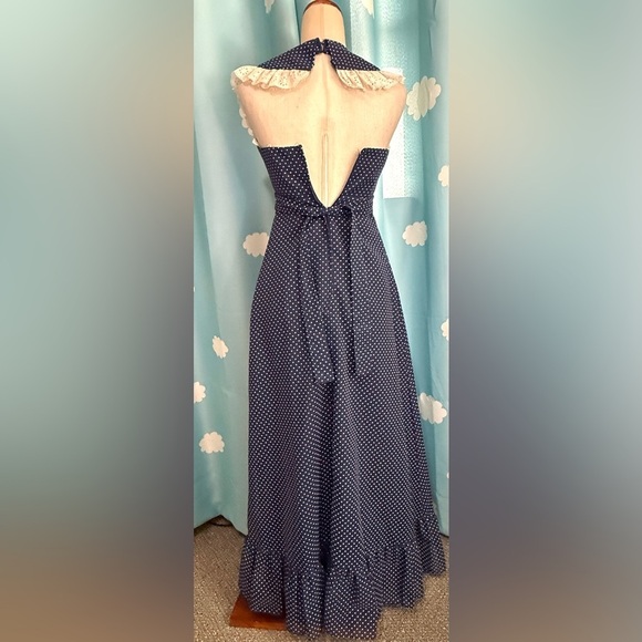 Vintage prairie dress- polka dot navy ruffle, lace cross tie maxi- XXS - Picture 7 of 14